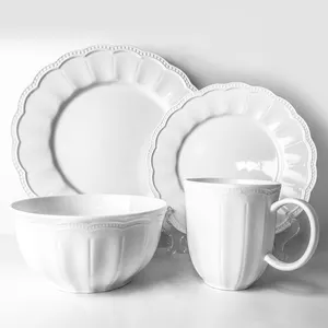 Set Piring Porselen Putih Timbul, Set Mangkuk Makan Malam untuk Restoran Rumah
