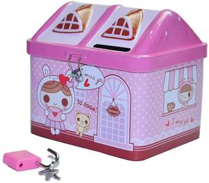 Promotional Gift <strong>Tin</strong> House Shape <strong>Money</strong> Saving <strong>Tin</strong> <strong>Box</strong> with Lock Cartoon <strong>Tin</strong> Piggy Bank - Product Image 1