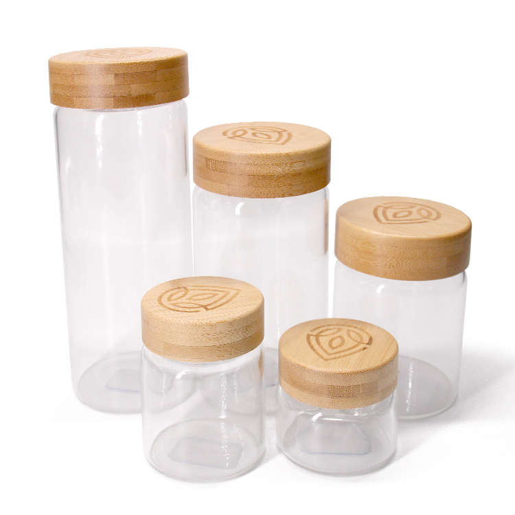 रसोई पारदर्शी छोटे Borosilicate कैंडी भंडारण पेंच बांस ढक्कन के साथ कांच के जार और बोतलों