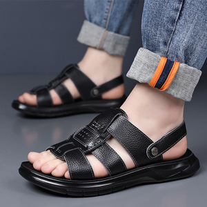 รองเท้าแตะสายไขว้ผู้ชายหนังวัวชั้นบนสุดรองเท้าชายหาดฤดูร้อนพื้นหนารองเท้าลำลองแบบสวมสีน้ำตาลสีดำ 9802 - Product Image 4