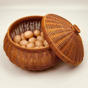 Wicker Fruit <b>Basket</b> Round With Lid Food Container For Kitchen Storage Egg Holder - Product Image 2