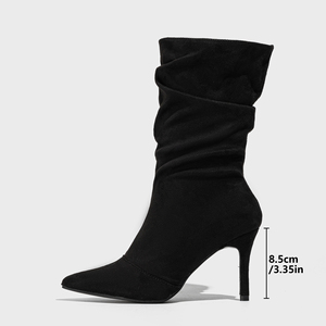 Bottes courtes pour femmes très tendance à talon fin et pointu, respirantes, en daim élastique, pour l'automne, style extérieur froissé naturel - Product Image 6