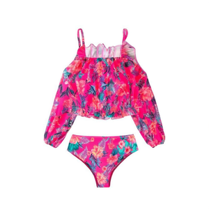 Costume da bagno a due pezzi HDJ per ragazze con stampa floreale, top corto con spalle scoperte, bikini a vita alta, controllo pancia, in spandex e poliestere, taglia 42 - Product Image 1