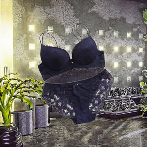 Ensemble soutien-gorge sexy pour femme, dos en V profond, pour petites poitrines, effet push-up, en dentelle magnifique, sans armatures, motif uni, avec culotte taille basse coupe bikini - Product Image 2