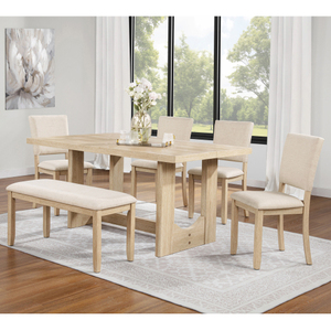 6-Piece Modern Dining <b>Table</b> <b>Set</b> with 4 Chairs <b>and</b> <b>Bench</b> Rubber Wood & MDF Beige Linen Eco-Friendly Durable U-Shaped Base - Product Image 1