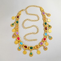 Nouvelle ceinture de taille pour femme plaquée or, personnalisée et tendance, style bohème arabe avancé, avec chaînes de pièces de monnaie dorées et pierres précieuses en acrylique colorées