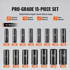 Jeu de douilles à chocs DB 15 pièces 3/8 po, finition chromée, matériau Cr-Mo, outils de bricolage - Product Image 4