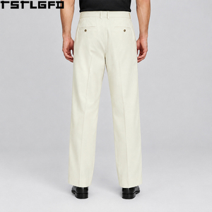 Custom <b>Pleated</b> Straight Leg Pants <b>Men</b> Chino Tailored Dress <b>Trousers</b> <b>Double</b> Pleat Relaxed Fit Business Casual Wholesale Bulk - Product Image 2
