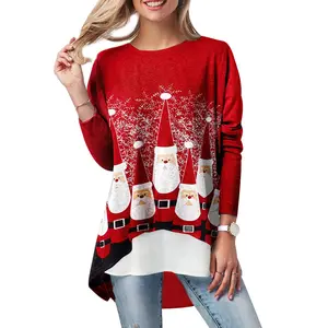 Groothandel 2024 Vrolijk Kerst T-Shirt Kleding Oversized Vrouwen Lange Mouw T-Shirts Bedrukt Plus Size Dames Kerst T-Shirts