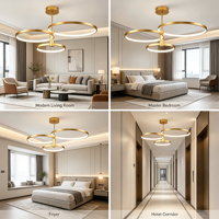 Lustre LED Moderne Doré à 3 Anneaux, Suspension Triple Cercle, Intensité Réglable, Hauteur Ajustable, Angle de Faisceau 360° pour