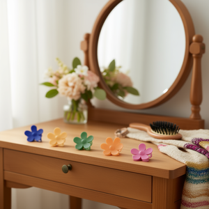 Fermaglio per capelli a forma di fiore a cinque petali satinato da 8 cm, 1 per colore - Product Image 2
