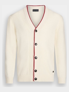 <span class=keywords><strong>Cardigan</strong></span> da Uomo con Collo a V e Bordi Decorativi in Crema con Profili Rossi, Maglione Classico con Bottoni in Fine Misto Cashmere e Cotone per il Moderno - Product Image 6