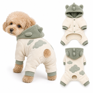 Mono de forro polar con capucha de orejas de dinosaurio para perro, ropa para mascotas OEM, con bordado de nubes y botones, cálido, para cachorros pequeños, otoño - Product Image 1