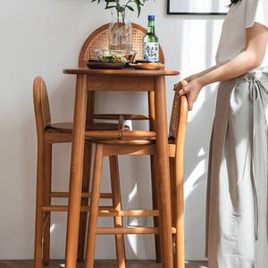 Juego de Mesa y Sillas de Bar de Madera Maciza Nórdica, Mesa Alta Ovalada de Madera de Cerezo, Mini Barra de Estilo Japonés para Comedor - Product Image 2