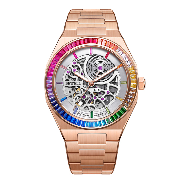 2024 High Quality Stainless Steel Men Watch with Zircon Fashion Sapphire Crystal Automatic Rose Gold Skeleton Watch for Men