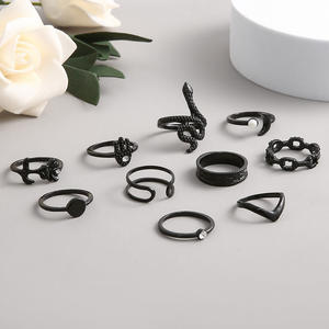 Anillo de Aleación Más Vendido en el Extranjero, Diseño Exagerado en Forma de Serpiente, Cadena con Diamantes de Imitación y Perlas, Negro Electroforético, Juego de 10 Piezas para Mujer - Product Image 3