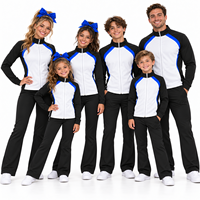 Veste et pantalon d'échauffement de cheerleading extensibles dans les quatre sens, personnalisés, à rayures bleues, noires et blanches, avec fermeture éclair intégrale et col montant, pour entraînement d'équipe