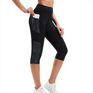 Leggings negros de cintura alta para mujer, pantalones de yoga hasta la pantorrilla con bolsillo lateral y panel de malla - Product Image 3