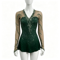Robe de patinage artistique vert foncé, col en V, manches longues en maille, dos ouvert croisé, jupe courte ornée de strass pour adultes et enfants