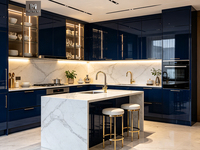 Meubles de cuisine modernes en bois avec îlot, finition bleu foncé brillante, design facile d'entretien, armoires à panneaux plats de luxe sur mesure