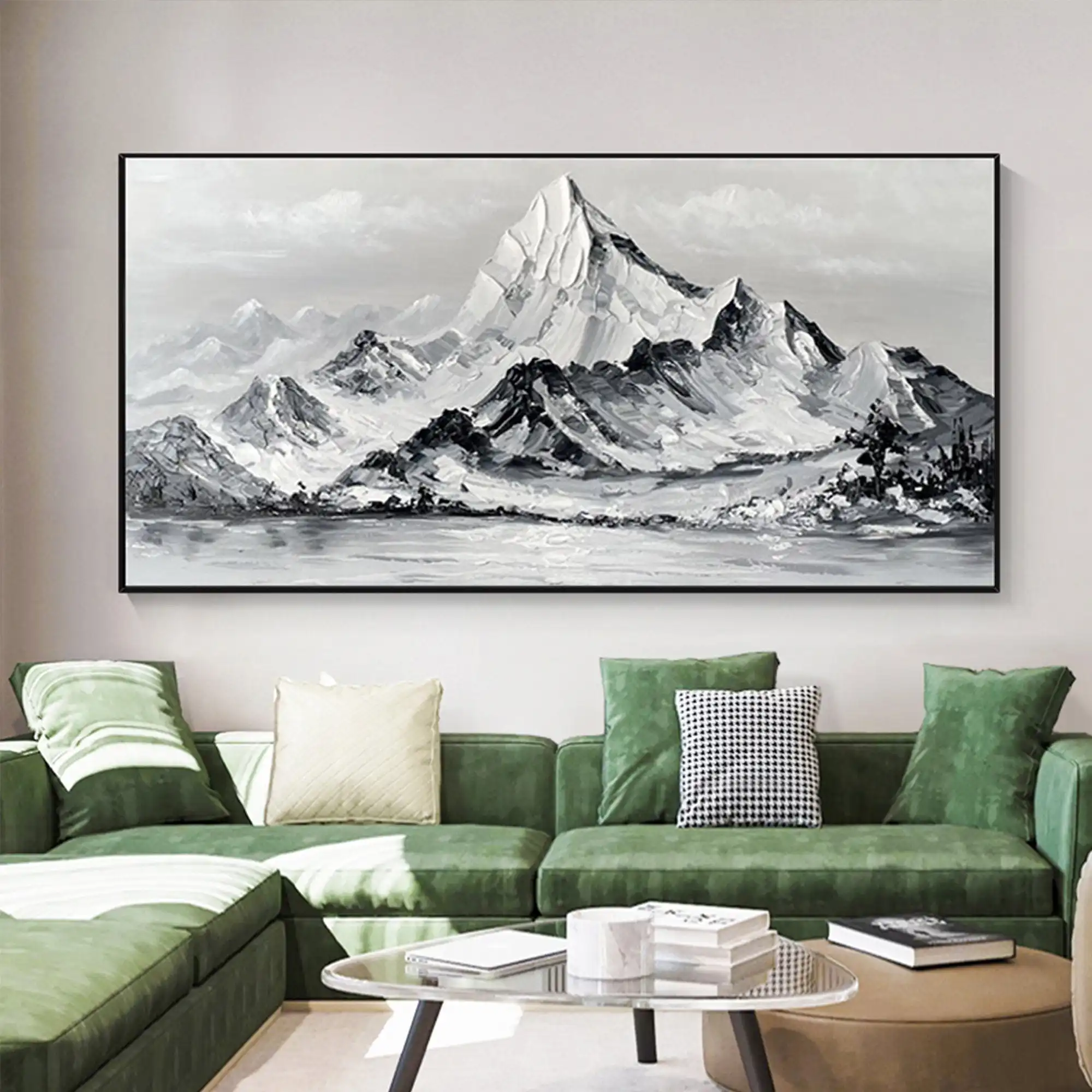 Large Mountain Landscape Painting With Textured Arylic Black and White Palette Knife Canvas Art on Black Frame