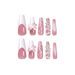 Faux ongles longs en forme de cercueil avec colle, en <span class=keywords><strong>diamant</strong></span> rose français de haute qualité, motif papillon, pour femmes, pour mariage - Product Image 2