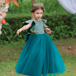 Robe de princesse pour enfants bleu lac, col rond, coupe trapèze, tutu, robe de demoiselle d'honneur, costume de spectacle - Product Image 2