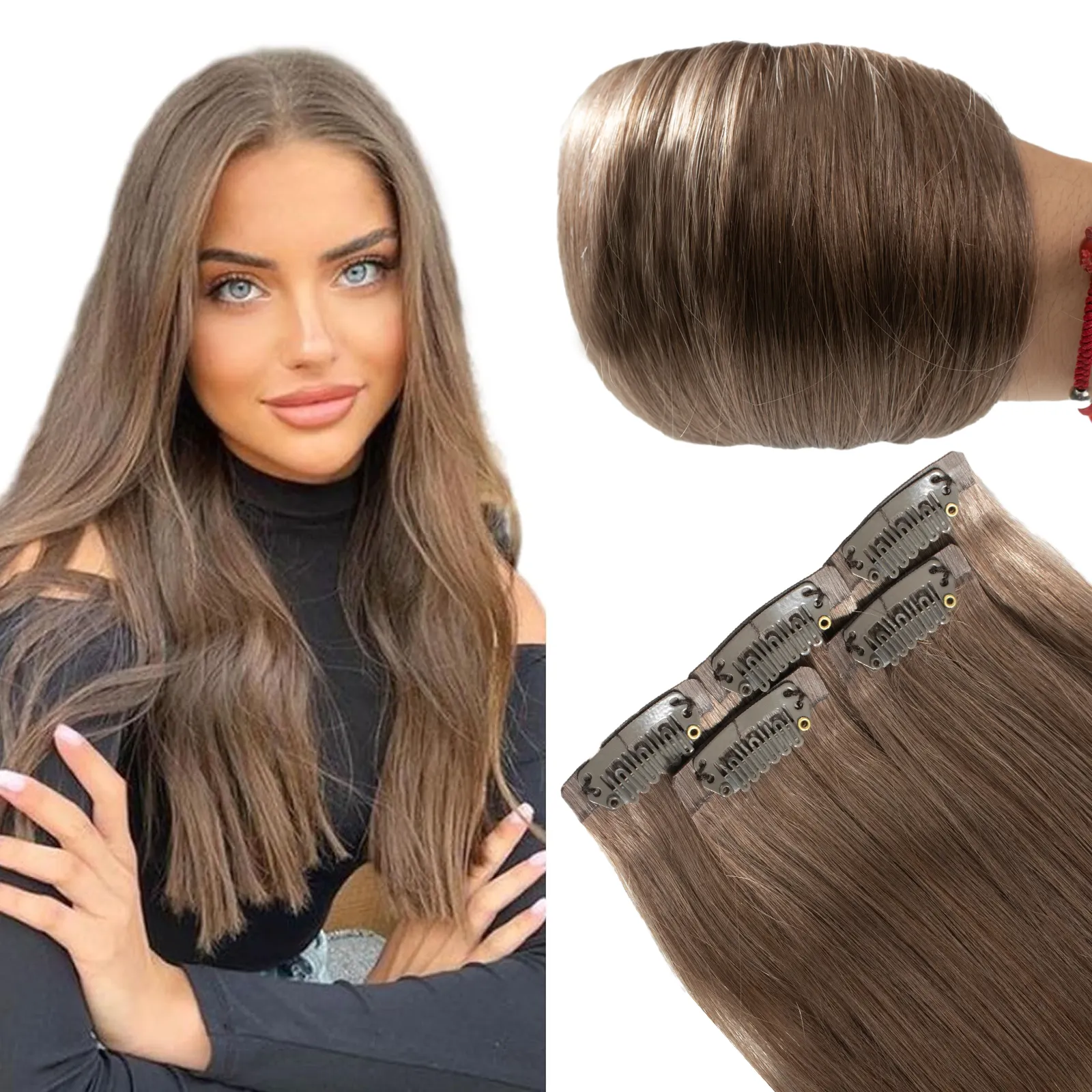 Clips sans couture de luxe de bonne qualité dans les cheveux 100% Remy cheveux humains pleine tête Clip dans l'extension de cheveux #8 couleur brun cendré