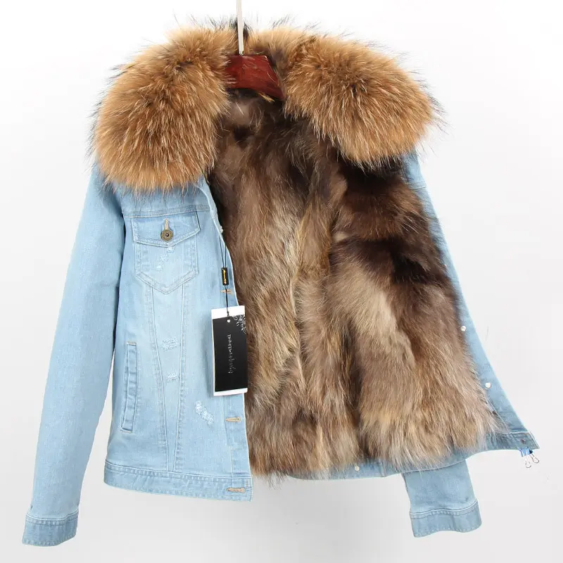 Abrigos de piel de mapache auténtica para mujer, parka vaquera desmontable, chaqueta de piel de mapache para invierno, 2021