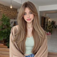Nouvelle perruque complète pour femme, marron, en fibres synthétiques résistantes à la chaleur, boucles volumineuses superposées, avec frange, pour l'export.