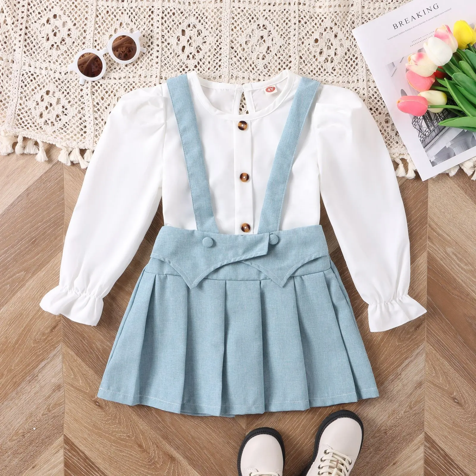 2023 Autumn Winter Trendy Girls Wear Sets White Long Sleeve Button Tops Solid Color Suspender Skirt 2Pcs Kids Boutique Clothing