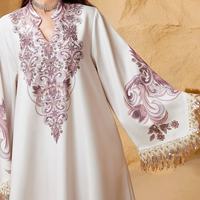Robe musulmane élégante et luxueuse sur mesure, longueur cheville, en polyester respirant, à motif floral, col en V, manches longues, coupe ample, idéale pour l'été