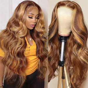 Honey Blonde <span class=keywords><strong>Caramel</strong></span> Balayage Highlight Body Wave 13x4 Lace Front Wig 4x4 Lace Closure Perruque de cheveux humains - Product Image 1