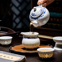 Service à thé Kung Fu bleu et blanc en céramique pure, avec bol à couvercle délicat et tasse à thé, style ethnique, pour usage domestique