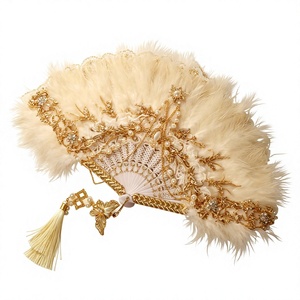 Handmade Modern <b>Painted</b> <b>Wood</b> Fan with <b>Gold</b> Embroidery and Pearls Folding Wedding Decoration Gift - Product Image 1