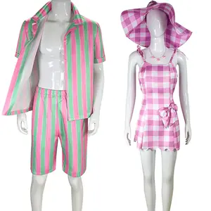 Factory wholesale Adult Halloween Cosplay Costume Sleeveless Gingham Slit Mini Dress For Women Lapel single stripe