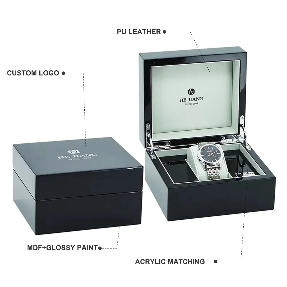 Scatola per orologi laccata OEM che imballa scatola per orologi di lusso con Logo personalizzato scatola per orologi in legno nero