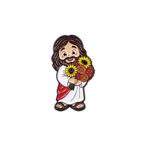 Broche en émail Jésus-Christ mignon avec agneau dans les bras et bouquet de fleurs, en métal souple, idéale comme cadeau pour l'Église chrétienne - Product Image 4