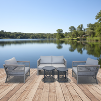 Modernes Graues PE-Rattan Outdoor-Lounge-Set 2-Sitzer-Sofa 2 Sessel 2 Metall-Beistelltische Wasserdichte Kissen Europäisch