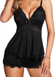 Viviblook Z310ST01 Conjunto de lencería sexy de dos piezas para mujer, top sin mangas de encaje, pantalones cortos, ropa de dormir, camisón, conjunto de verano - Product Image 2