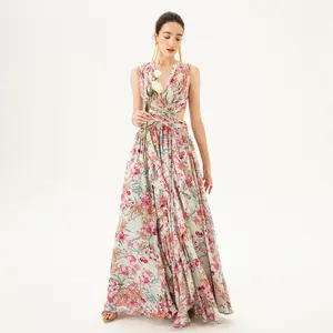 BEISHI Womens Loose V Neck Ruffle Floral Summer Pleated Long Maxi Dresses Women 2023