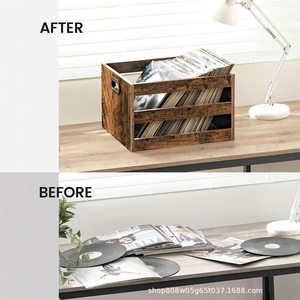 Panier de rangement rétro en bois pour disques vinyles, CD, livres, magazines, organisateur de bureau, support multimédia de bureau, forme rectangulaire - Product Image 4