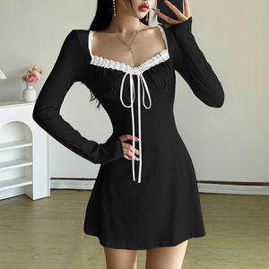 Robe longue à manches longues pour femme, col carré, bordure en dentelle, coupe ajustée, style décontracté, élégant, style de rue - Product Image 6