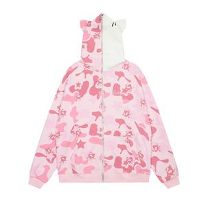 Sweat-shirt <span class=keywords><strong>à</strong></span> <span class=keywords><strong>capuche</strong></span> camouflage imprimé avec oreille mignonne de style américain original pour femmes avec <span class=keywords><strong>cardigan</strong></span> <span class=keywords><strong>à</strong></span> fermeture éclair - Product Image 3