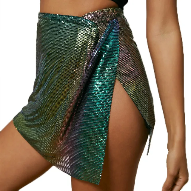 2023 New Style Sequin Mesh Chain Mail Rhinestone Dress Sexy Metal Mesh Shinny Short Skirt for Women