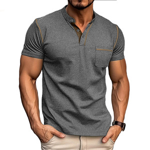 2024 verano transfronterizo europeo americano hombres manga corta sólido Anti-pilling cuello en V Regular Fit poliéster/algodón Henry camisa - Product Image 5