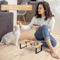Gamelle double surélevée écologique pour chat, anti-renversement, en acier inoxydable, avec support en bois antidérapant en fer, motif uni