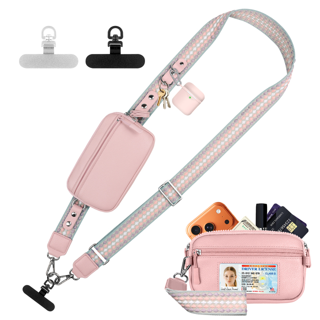 Crossbody Phone Lanyard Wallet Adjustable Anti-Theft Leather Purse RFID Zipper Pouch Customized Logo Environmental Washable