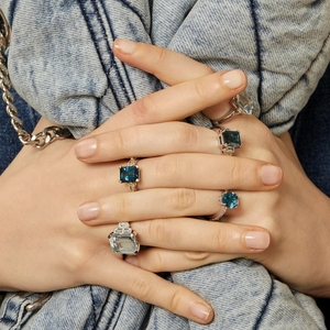 Baguette cắt topaz xanh và trắng cubic zircon 925 Sterling Bạc đính hôn của phụ nữ nhẫn - Product Image 4