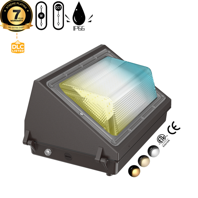 120W 3CCT Color Switchable ETL DLC Industrial Dusk Dawn Photocell Aluminum Led Wall Pack IP66 Waterproof 100-277V 7-Year IK10